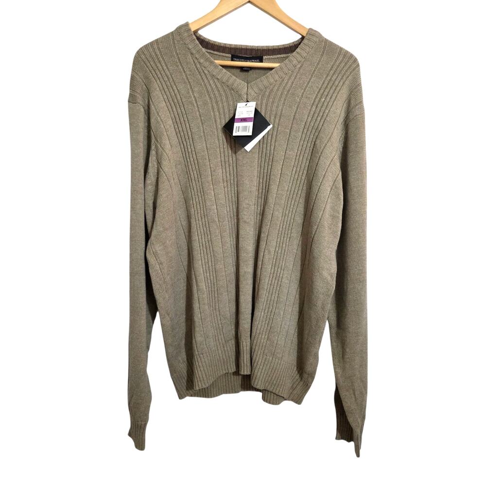 NEW Tricots St Raphael Ribbed Cotton Blend Latte Heather Soft V-Neck Sweater XXL